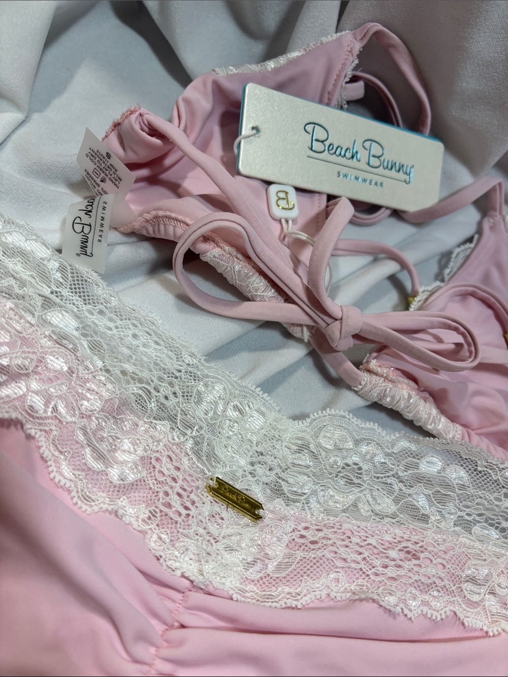 BEACH BUNNY Tri top 2 PIECE BIKINI skimpy LADY LACE SOFT BABY PINK SET NWT S - Picture 11 of 16